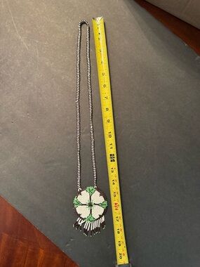 Handmade Beaded Green and White Floral Pendant Necklace vintage